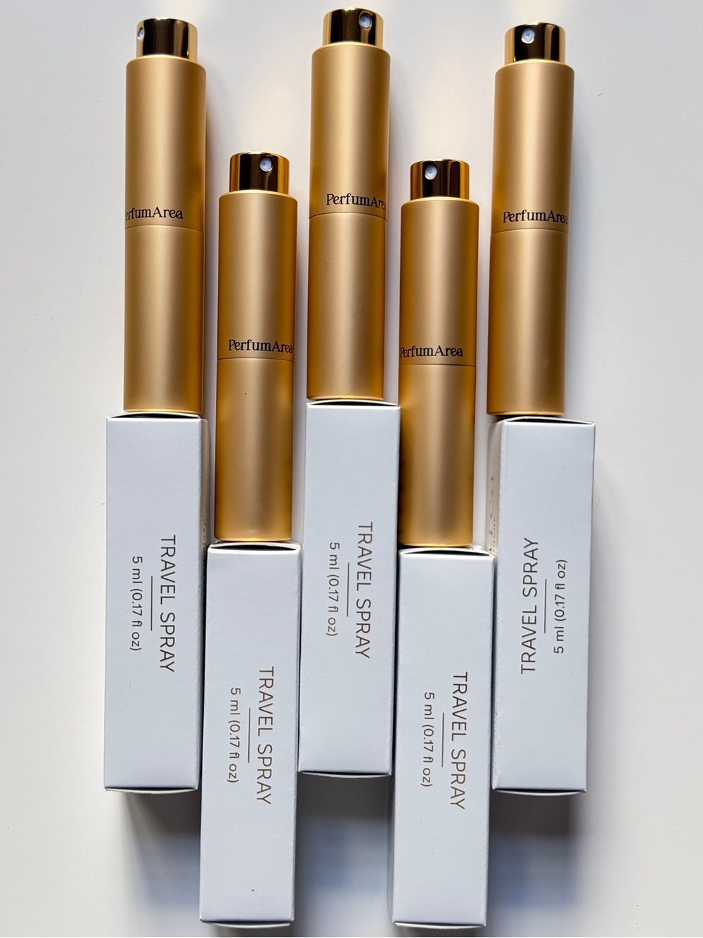Set of 5 Empty Gold Refillable Perfume Atomizers 5ml/0.17oz Glass+Metal, in box